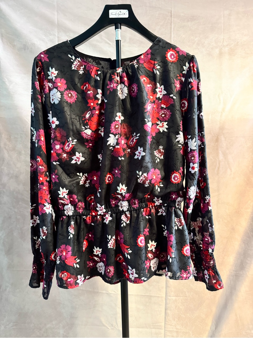 Ann Taylor Factory Black Floral Peplum Blouse with Red and Pink Flowers